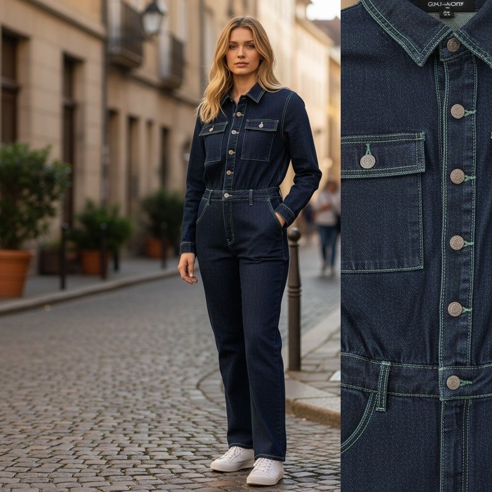 Fashion Nova Bad For Me Dark Blue Denim Jumpsuit Green Stitching XL NWT